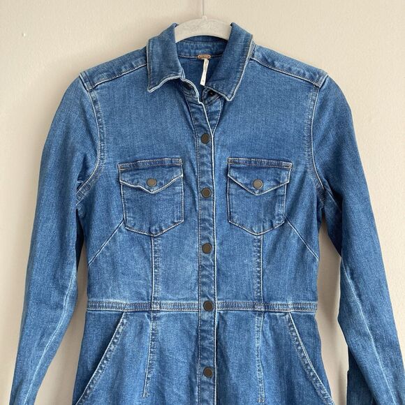 Free People Dynomite Blue Denim Dress Snap Front Medium Wash Mini Size XS - Picture 6 of 12